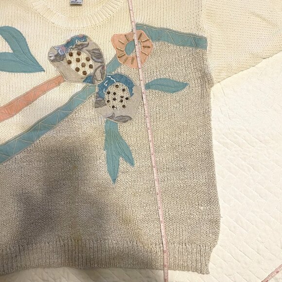 CORET White & Cream Short sleeve Sweater with Appique' Pattern, Sz XL (NOWT) - Picture 5 of 6